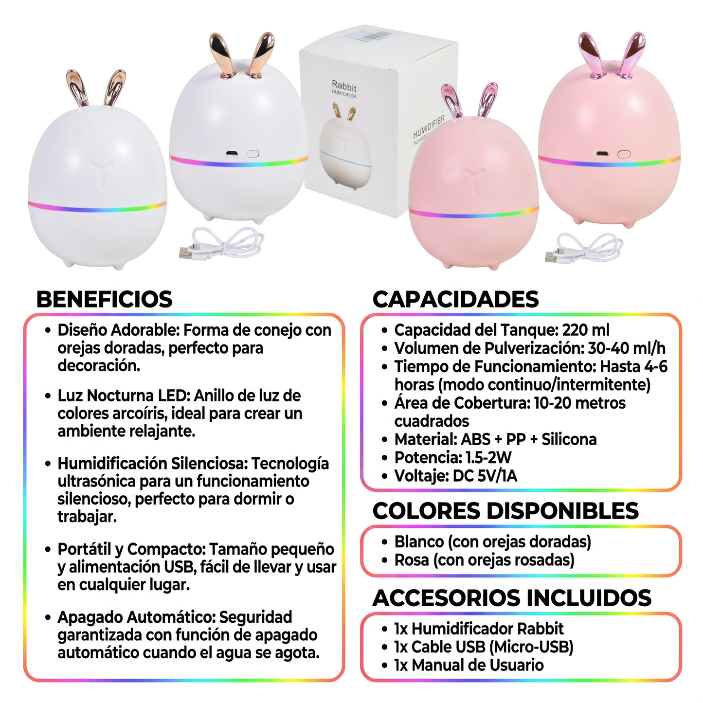 Humidificador Ultrasónico Conejo Difusor De Aroma Luz LED 260ml US