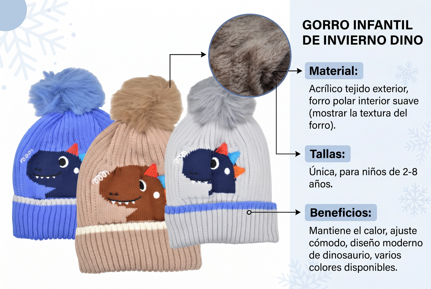 Gorro de Invierno Infantil Dino con Pompón y Forro Polar Interno