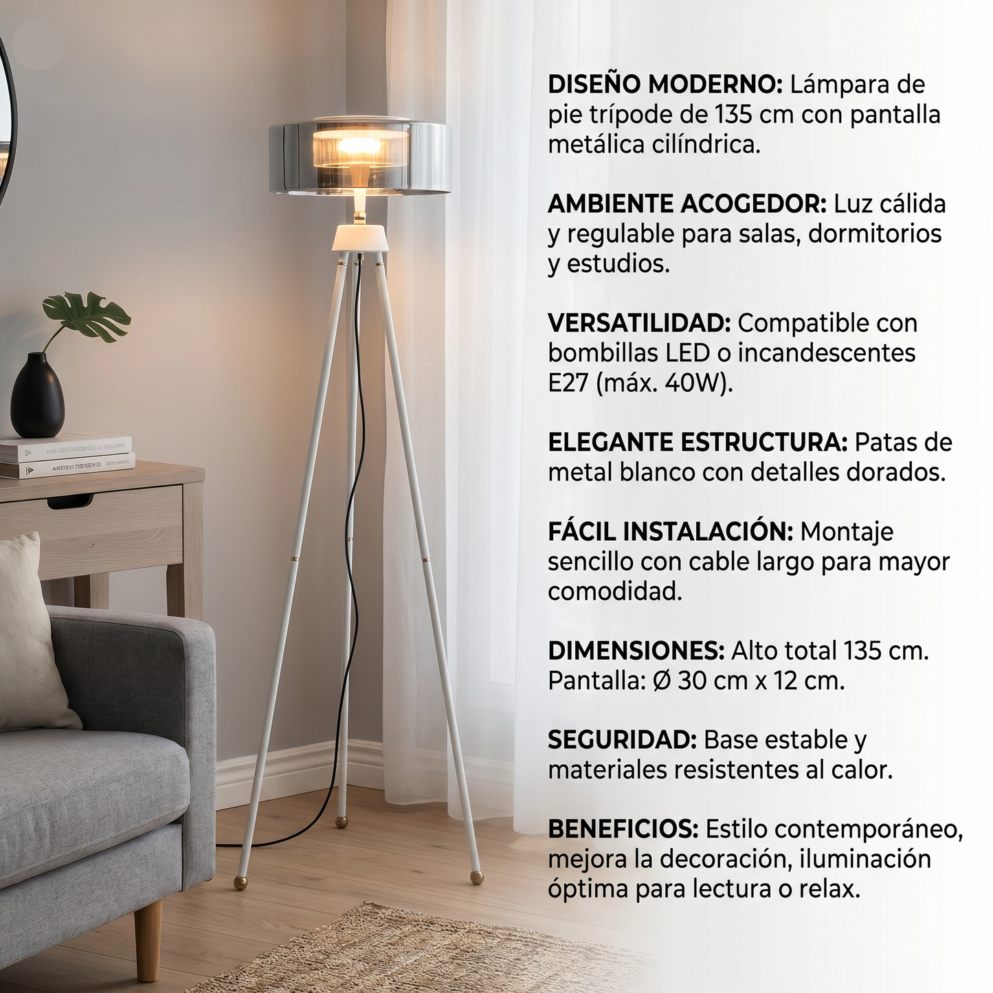 Lámpara de Pie Trípode LED 135cm con Pantalla de Cristal y 3 Modos de Luz