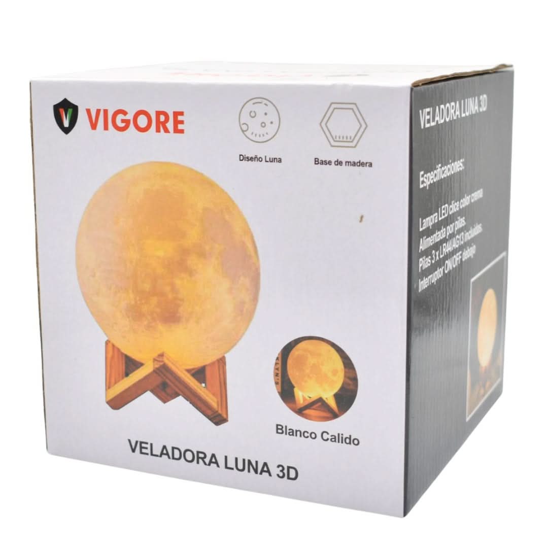 Lámpara de Luna 3D con Base de Madera - Veladora Táctil Recargable 12cm