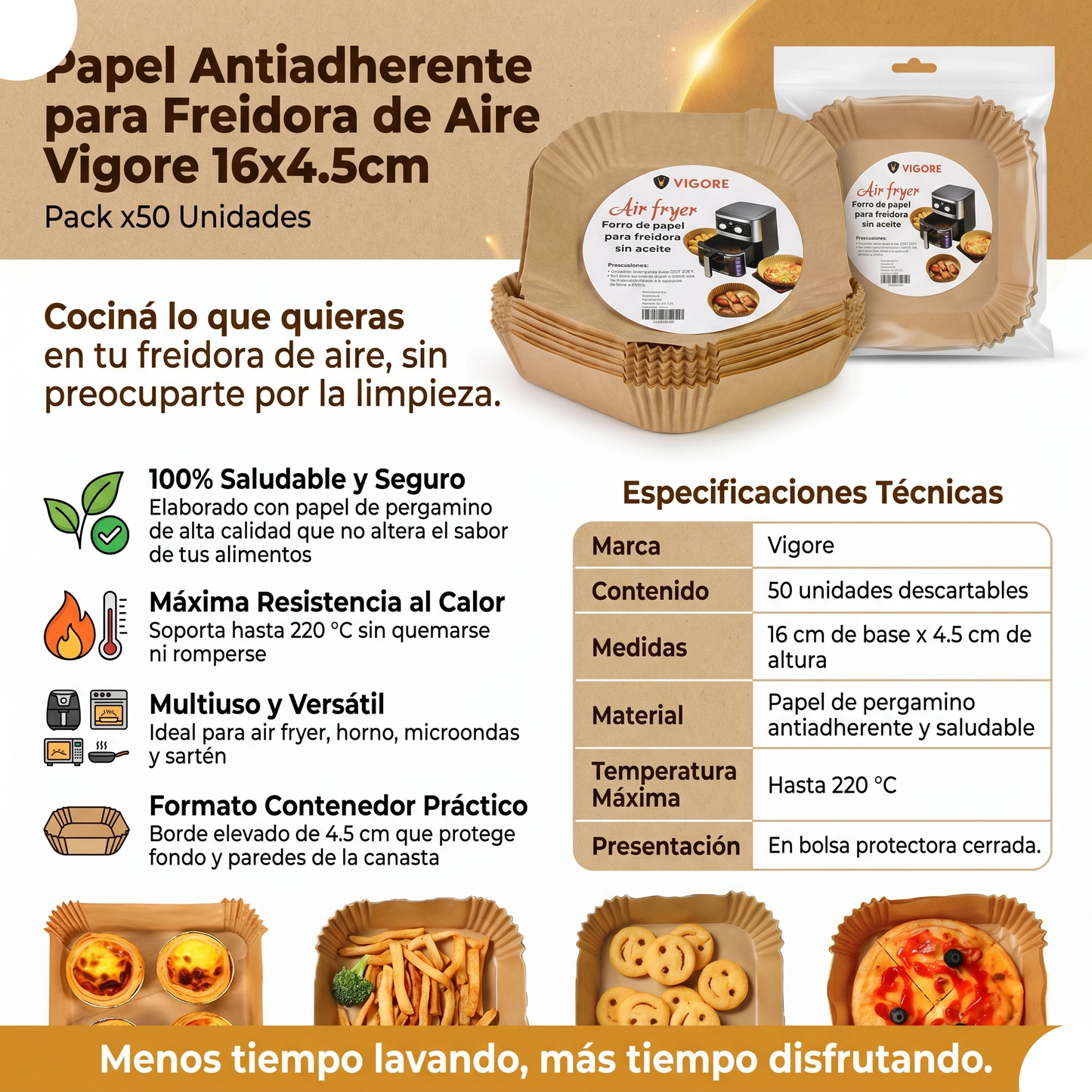 Papel Antiadherente para Freidora de Aire Vigore 16x4.5cm - Pack x50 Unidades