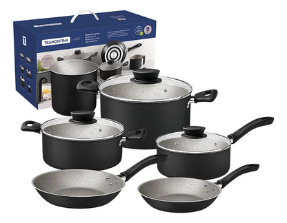 Juego de Batería de Cocina Tramontina Linz Negro - Set de 9 Piezas con Antiadherente Starflon Max
