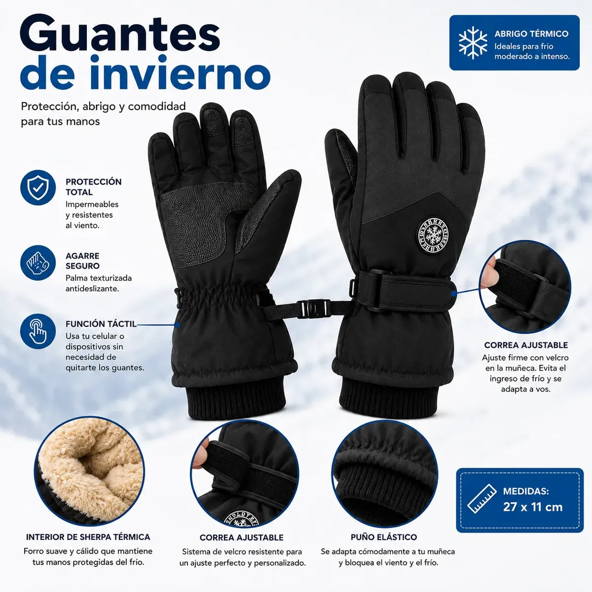 Guantes de Invierno Impermeables Térmicos con Pantalla Táctil - Negro Deportivo