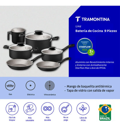 Juego de Batería de Cocina Tramontina Linz Negro - Set de 9 Piezas con Antiadherente Starflon Max
