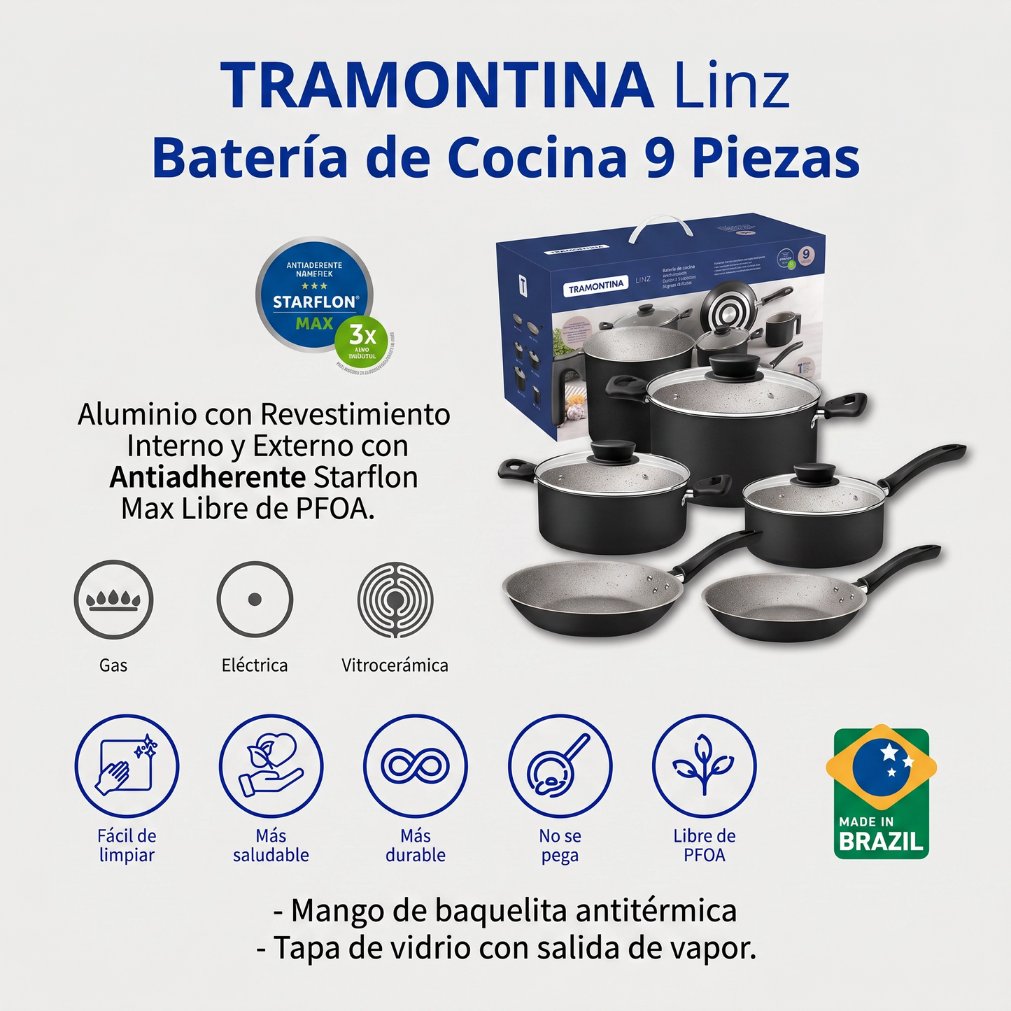 Juego de Batería de Cocina Tramontina Linz Negro - Set de 9 Piezas con Antiadherente Starflon Max
