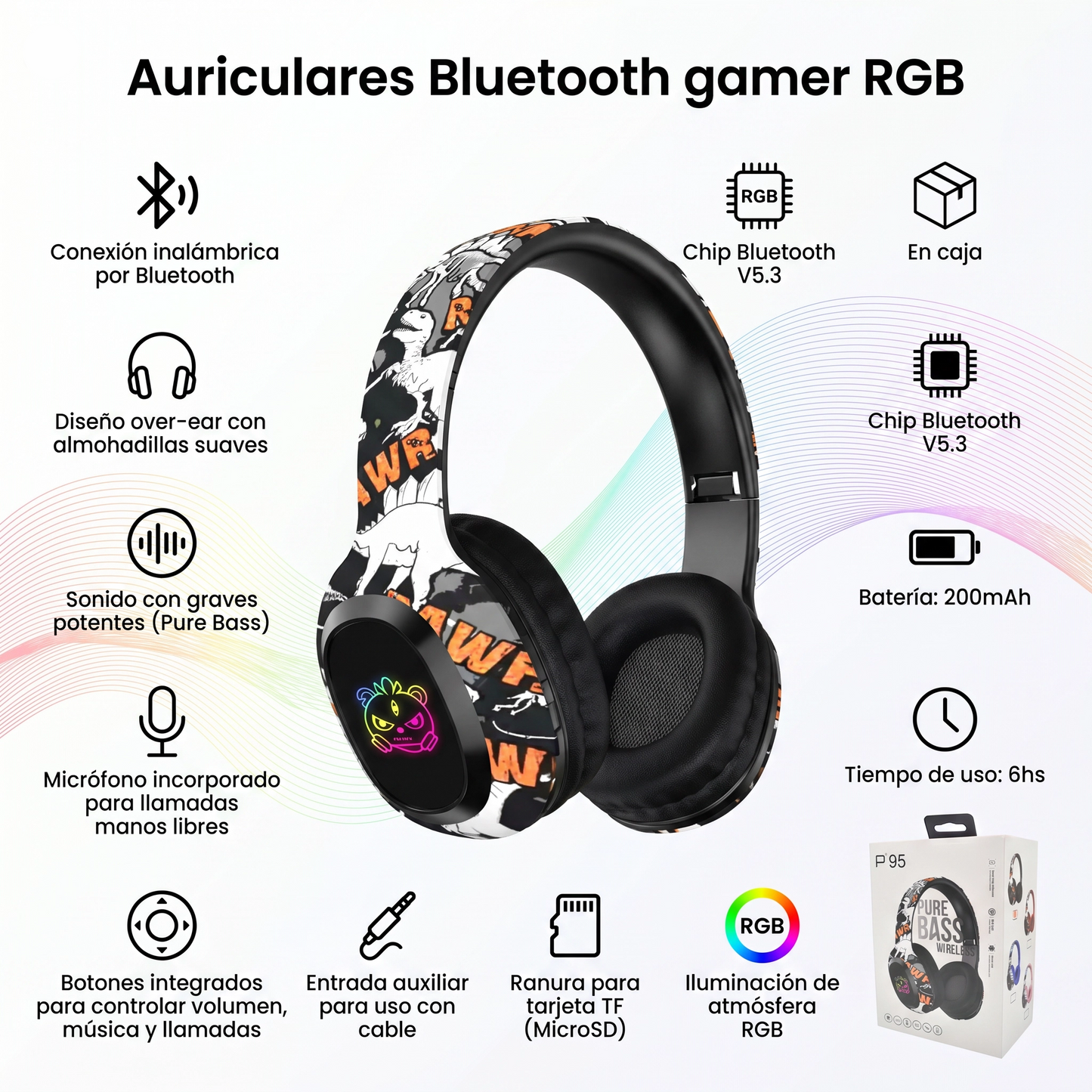 Auriculares Bluetooth Gamer con Luces RGB y Pure Bass - Inalámbricos