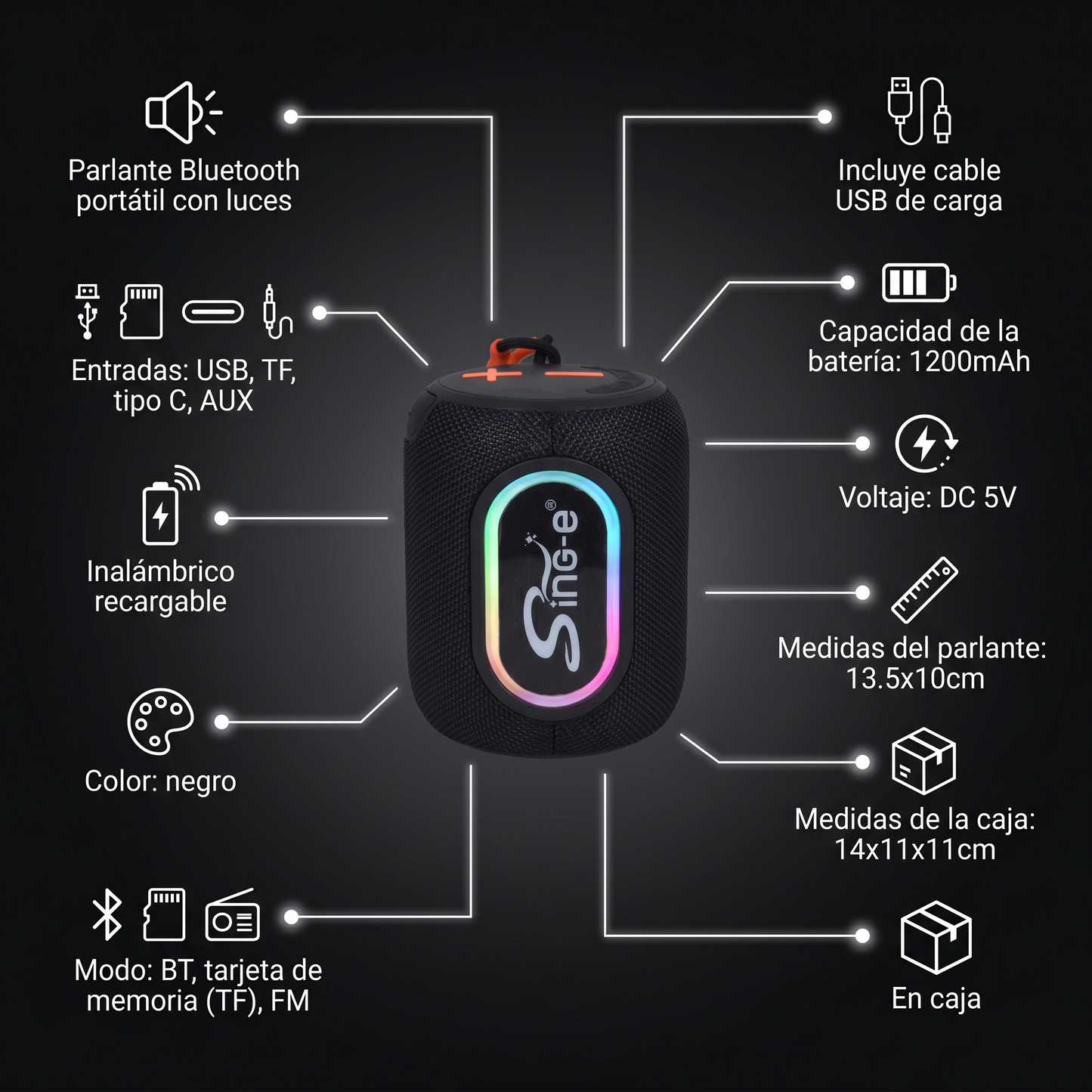 Parlante Bluetooth Portátil con Luces LED RGB y Radio FM - Sing-e Negro