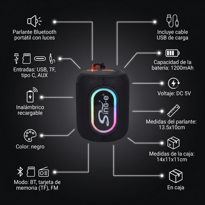 Parlante Bluetooth Portátil con Luces LED RGB y Radio FM - Sing-e Negro
