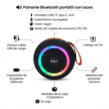 Parlante Bluetooth Esférico con Luces LED RGB y Radio FM - Sing-e ZQS P5