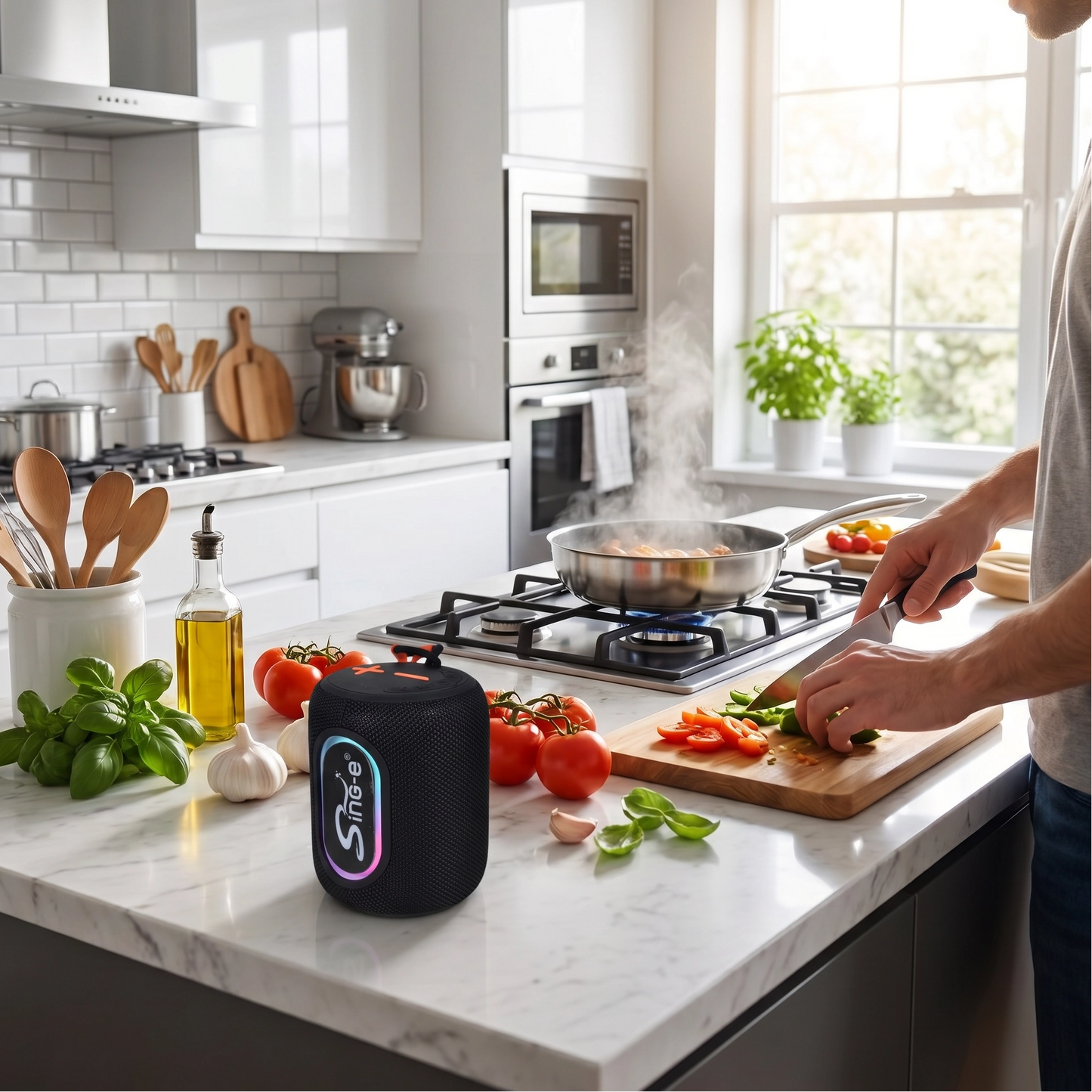 Parlante Bluetooth Portátil con Luces LED RGB y Radio FM - Sing-e Negro