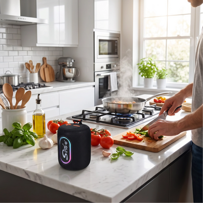 Parlante Bluetooth Portátil con Luces LED RGB y Radio FM - Sing-e Negro