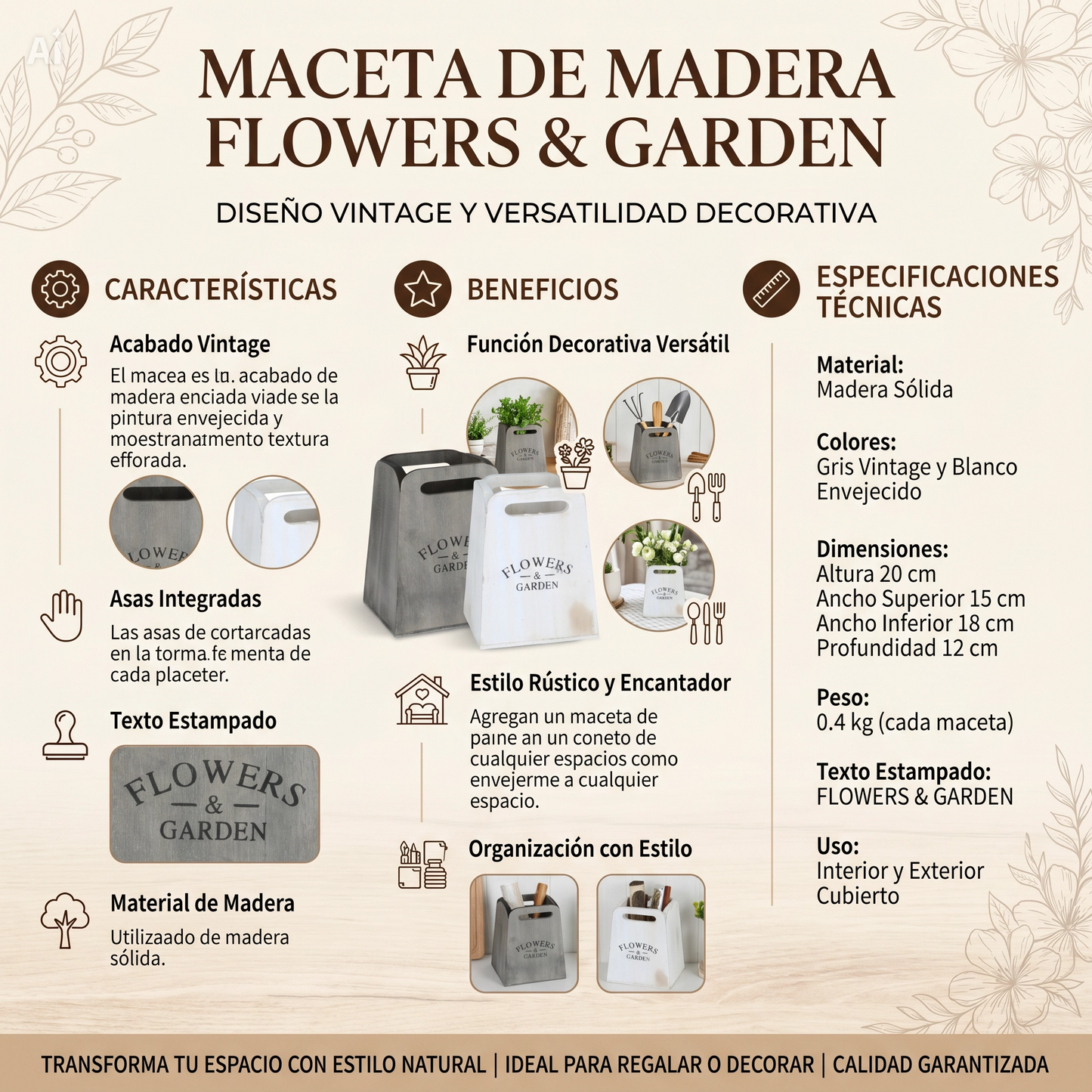 Maceta de Madera Rústica Flowers & Garden 12x12x15cm