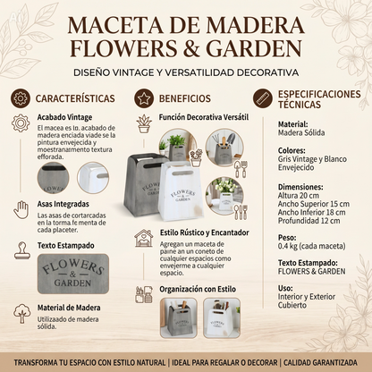 Maceta de Madera Rústica Flowers & Garden 12x12x15cm