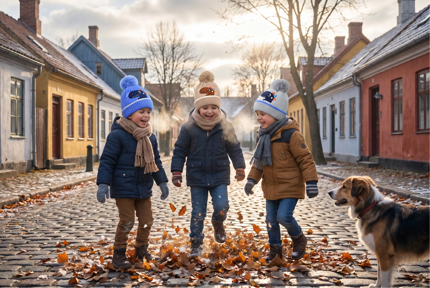 Gorro de Invierno Infantil Dino con Pompón y Forro Polar Interno