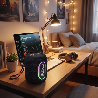 Parlante Bluetooth Portátil con Luces LED RGB y Radio FM - Sing-e Negro