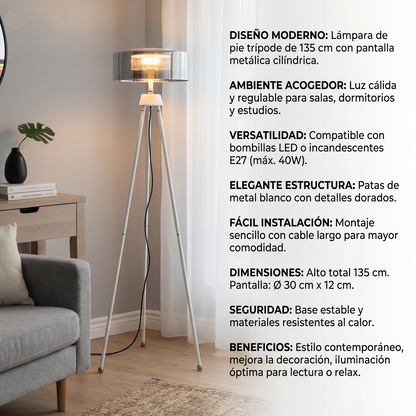Lámpara de Pie Trípode LED 135cm con Pantalla de Cristal y 3 Modos de Luz