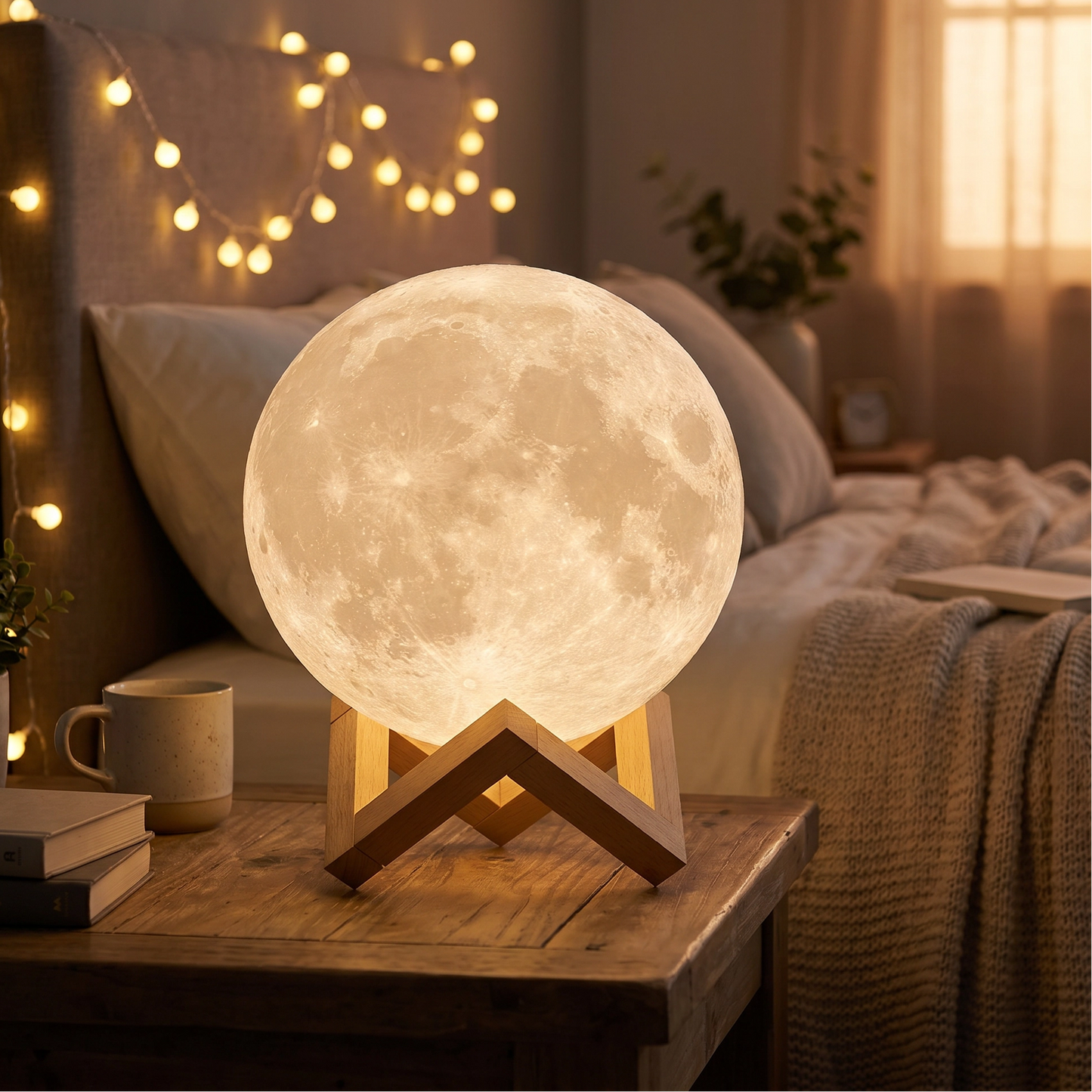 Lámpara de Luna 3D con Base de Madera - Veladora Táctil Recargable 12cm