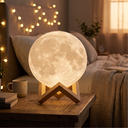 Lámpara de Luna 3D con Base de Madera - Veladora Táctil Recargable 12cm