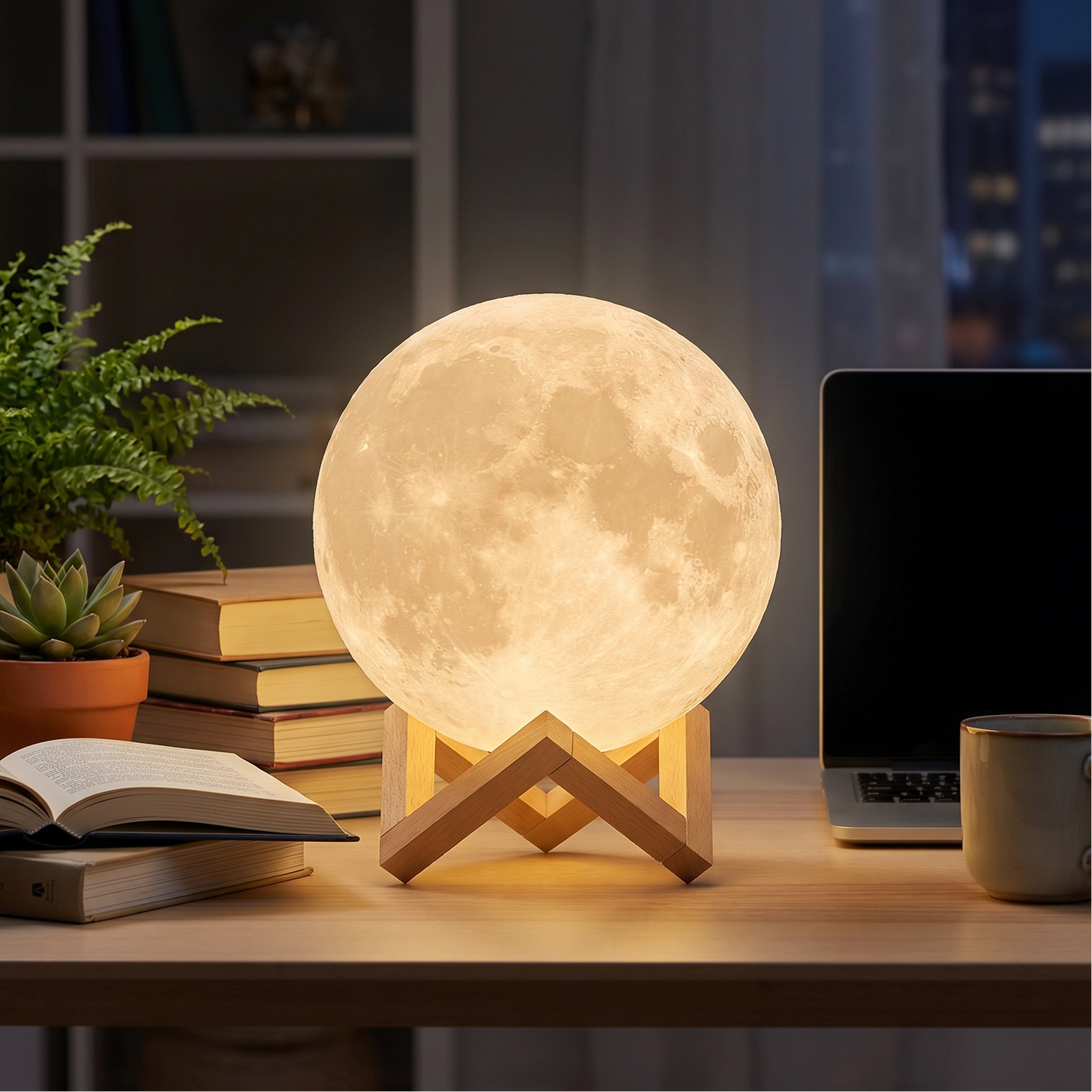 Lámpara de Luna 3D con Base de Madera - Veladora Táctil Recargable 12cm