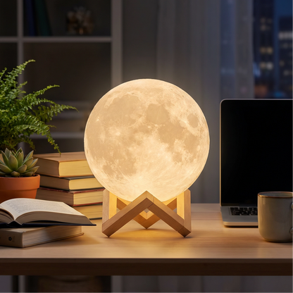 Lámpara de Luna 3D con Base de Madera - Veladora Táctil Recargable 12cm