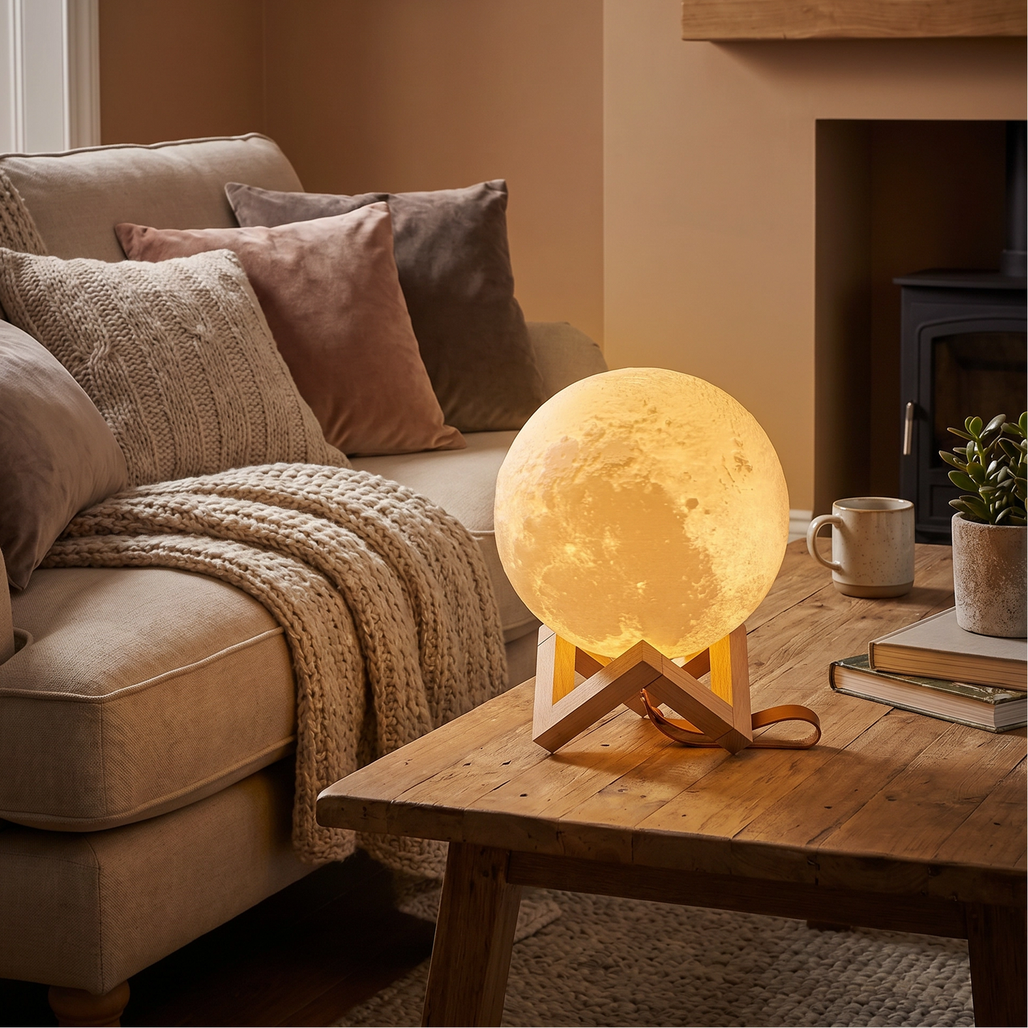 Lámpara de Luna 3D con Base de Madera - Veladora Táctil Recargable 12cm