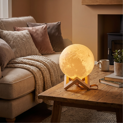 Lámpara de Luna 3D con Base de Madera - Veladora Táctil Recargable 12cm