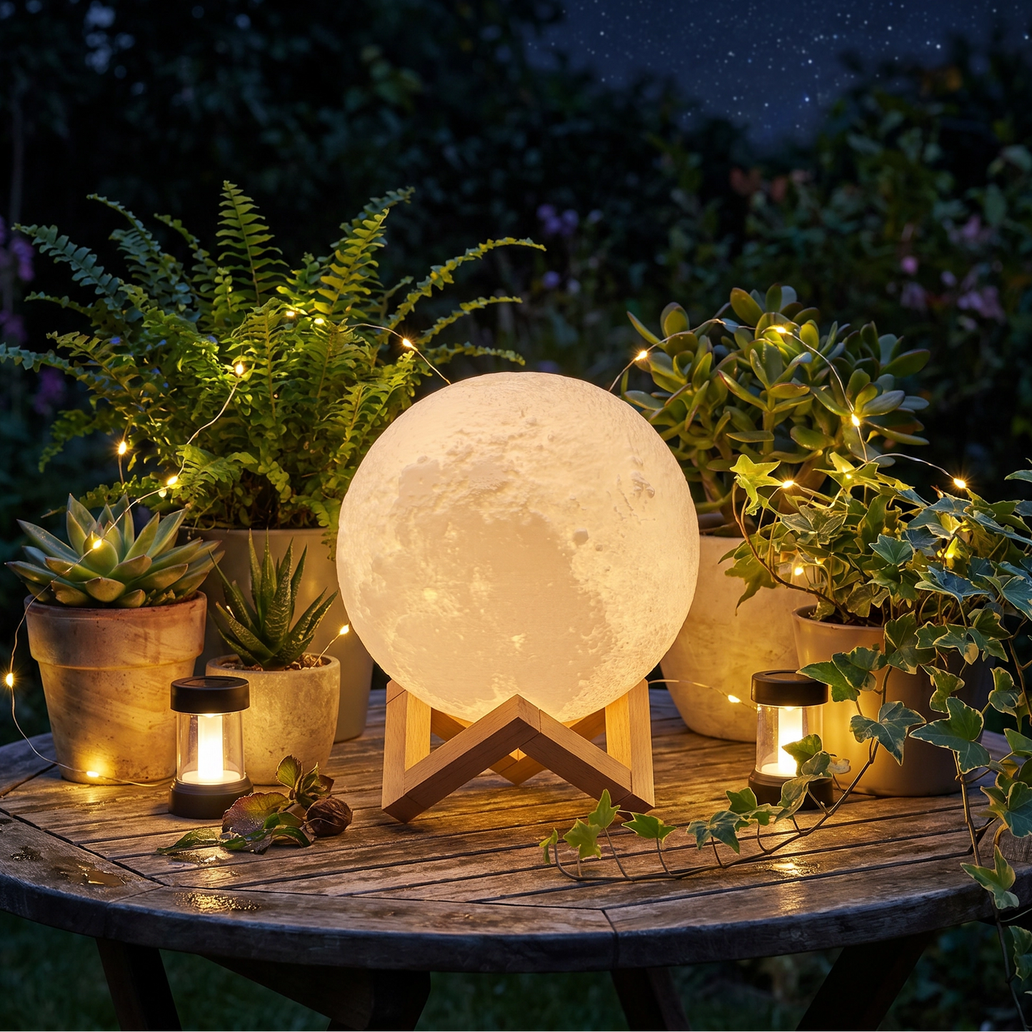 Lámpara de Luna 3D con Base de Madera - Veladora Táctil Recargable 12cm