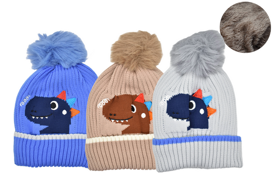 Gorro de Invierno Infantil Dino con Pompón y Forro Polar Interno