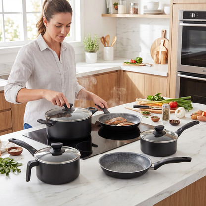 Juego de Batería de Cocina Tramontina Linz Negro - Set de 9 Piezas con Antiadherente Starflon Max