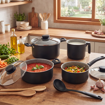 Juego de Batería de Cocina Tramontina Linz Negro - Set de 9 Piezas con Antiadherente Starflon Max